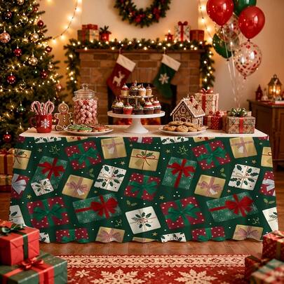 2D Flat Banner 1pc Christmas Gift Box Print Tablecloth, Suitable For Party, Kitchen And Restaurant Decoration