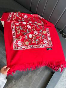 1件女款秋冬仿羊絨花卉刺繡圍巾，波希米亞風加厚保暖流蘇刺繡旅行披肩斗篷 - 紅色 - 查看 3
