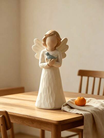 1pc Angel Statue Holding Bird - Beige Carved Guardian Angel Statue, Peace Dove Resin Sculpture, Suitable For Window Sill And Nursery Decor, Comfort And Baptism Gift For Her
