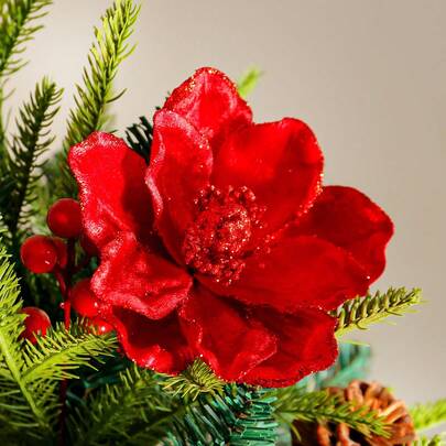 5 Buah Tusuk Bunga Magnolia Bertepi Glitter dengan Bagian Tengah Glitter Emas, Warna Merah & Gading, Tangkai Bunga Meriah untuk Pohon Natal, Karangan Bunga, Perapian, Rak, Meja, Dekorasi Rumah, Ruangan, Liburan, Pesta Musim Dingin, Tahun Baru, Pintu, Jendela, Teras