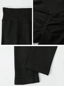 Legging Fitness Wanita Warna Hitam dengan Blok Warna, Pinggang Bergaris untuk Membentuk Bokong dan Mengangkat Tubuh, Cocok untuk Gym, Yoga, Lari, Pakaian Olahraga Musim Gugur/Dingin - Hitam - View 3