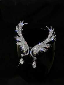 2pcs Korean Style Crystal Angel Wing Clip Earrings, Elegant & Shiny Crystal Winged Ear Cuffs, Luxury Bridal Wedding Rhinestone Earrings For Women - Multicolor - View 3