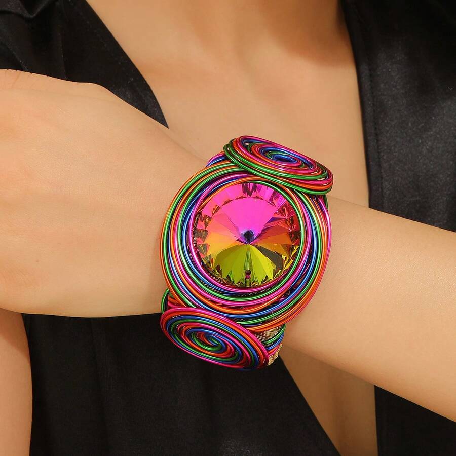 European American African Exaggerated Niche High-End Vintage Colorful Artificial Crystal Green Bracelet - Colorful - View 1
