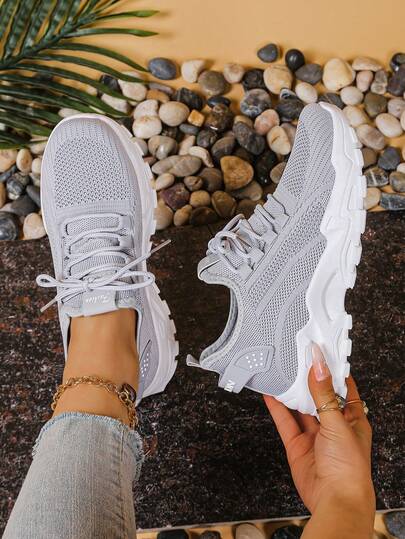Van Skr Thin Mesh Thick Sole Casual Women's Shoes, Lightweight Breathable Lace-Up Chunky Sneakers, Versatile Daily Commute Sports Running Shoes