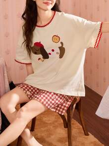 2pcs/Set Women's Pajamas Loungewear Set, Cute Puppy Print Pattern Simple Casual Japanese Style Fashion Pullover Round Neck Short Sleeve Shorts, Comfortable For Home Wear - Multicolor - View 4