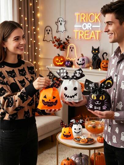 Halloween Bunny Ear Gift Bags (150/100/50/25/1pc), Pumpkin, Ghost, And Black Cat Printed Flower-Shaped Plastic Bags, Trick-Or-Treating Candy Bags, Party Gift Storage Bags, Halloween Home Decorations, Halloween And Fall Decorations, Gift Boxes, Christmas And Halloween Decorations, Party Gift Bag Stuffing, Party Decorations, Birthday Decorations, Happy Birthday Wishes, Room Decorations, Bachelor/Bachelorette Party Supplies, Holiday Gift Bags, Wedding Favors, Bags, Party Favor Bags, Gift-Giving.