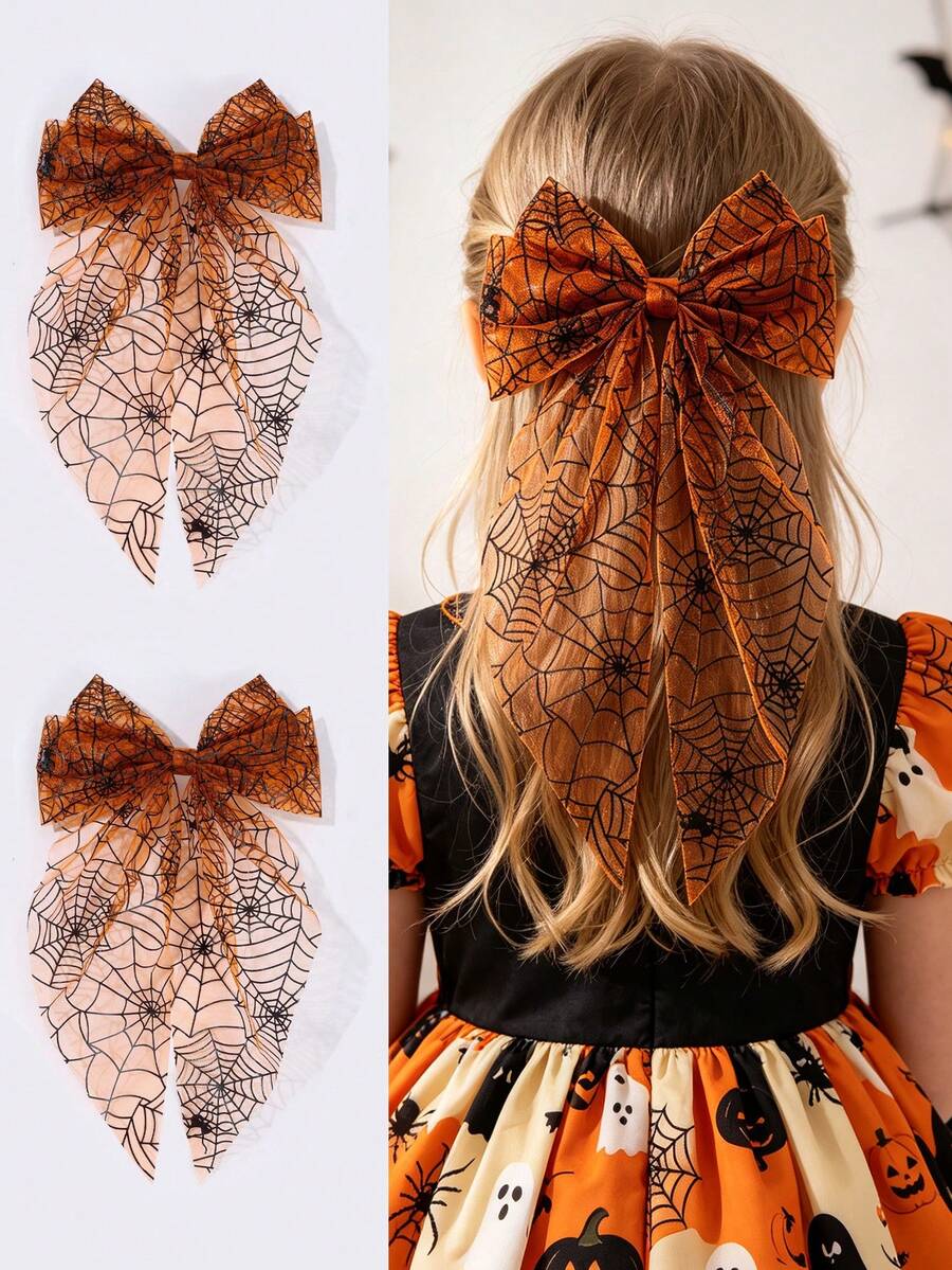 1pc Girl's Halloween Spider Web Pattern Hair Clip, Solid Color Knitted Decor Hair Clip, Fashionable Girl's Halloween Gift Hair Accessory - Orange - View 1