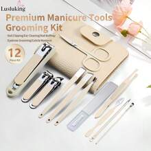 LUSLUKING 12件組不鏽鋼指甲剪套組，完整美甲工具組，含指甲剪、指甲锉、挖耳勺、修眉刀，便攜式美甲美容工具套裝 - 彩色 - 查看 3