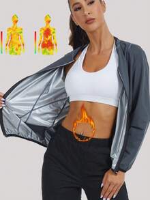 Women's Long Sleeve Sauna Suit Weight Loss Zipper Contrast Color Sauna Jacket Sweat Workout Gym Exercise Sports Fall - Grey - View 1