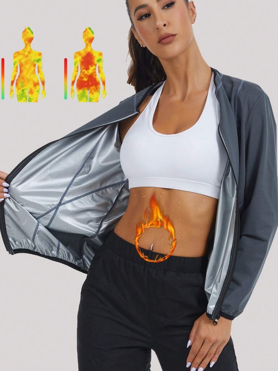 Women's Long Sleeve Sauna Suit Weight Loss Zipper Contrast Color Sauna Jacket Sweat Workout Gym Exercise Sports Fall - Grey - View 1