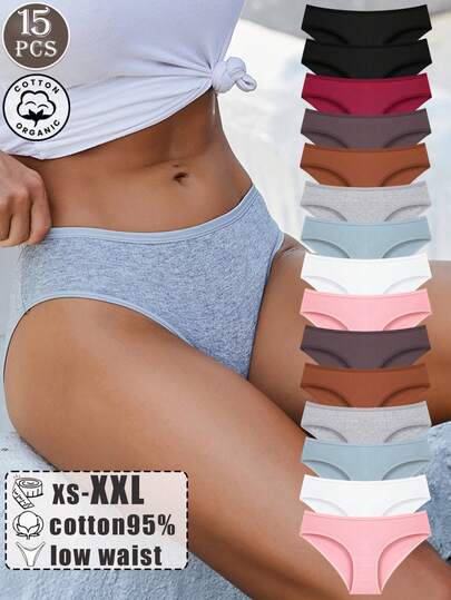 15 Pcs Of Women's 95% Cotton Multi-Color Simple And Comfortable Sports Style Light And Breathable Low Waisted Panties, Everyday Wear