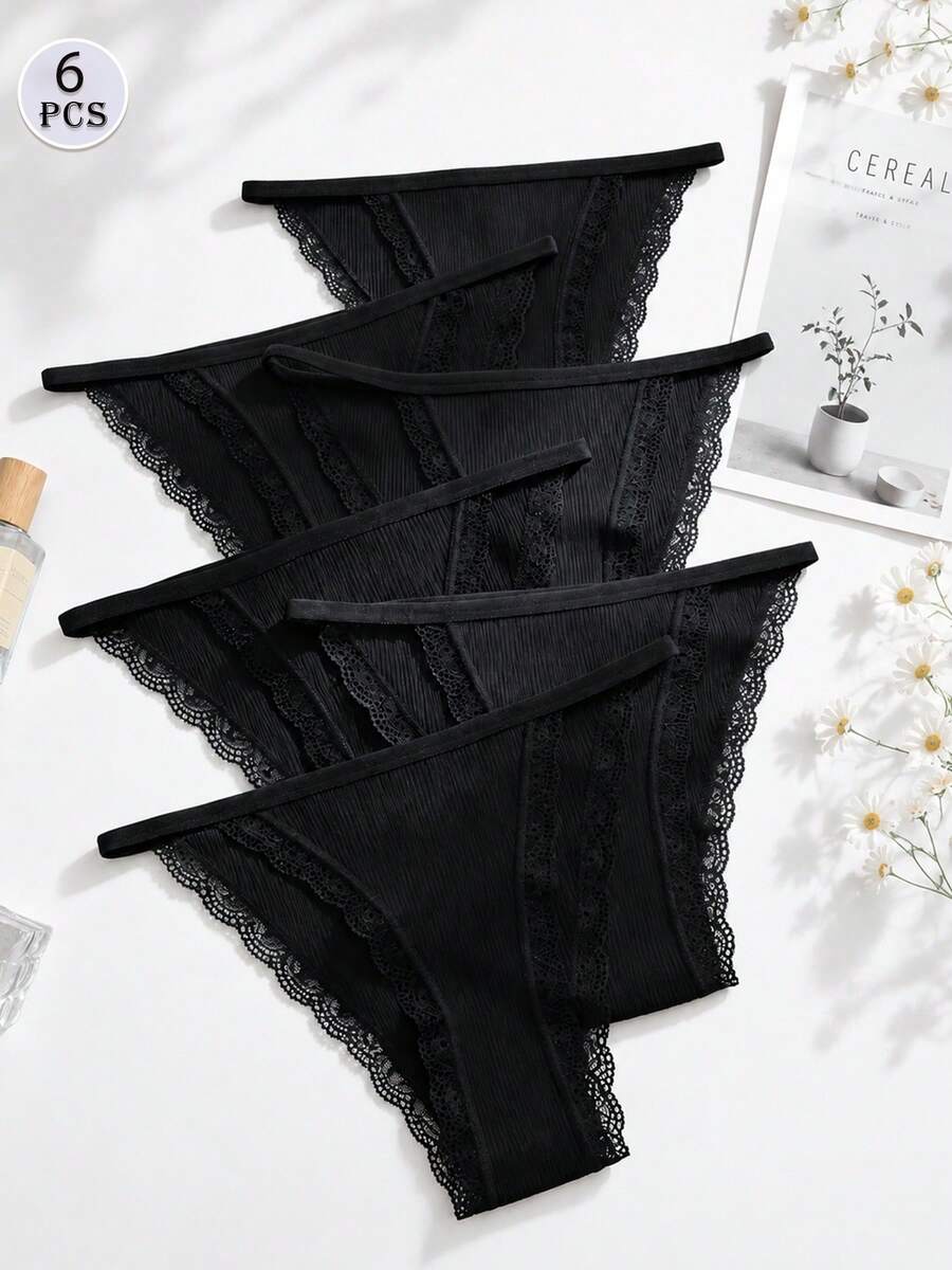 6pcs Lace Trim Ribbed Knit Triangle Panties Solid Color Women's Underwear - Multicolor - View 1