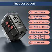 20W GaN Universal Travel Adapter 8 In 1 All In One International Plug With 2USB-A+2USB-C Fast Charging Ports, Worldwide Power Adaptor For UK EU US AU Travel - Black - View 8