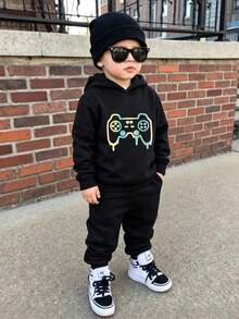 2pcs/Set Boys' Video Game Graphic Print Hoodie And Sweatpants Set - Black - View 1