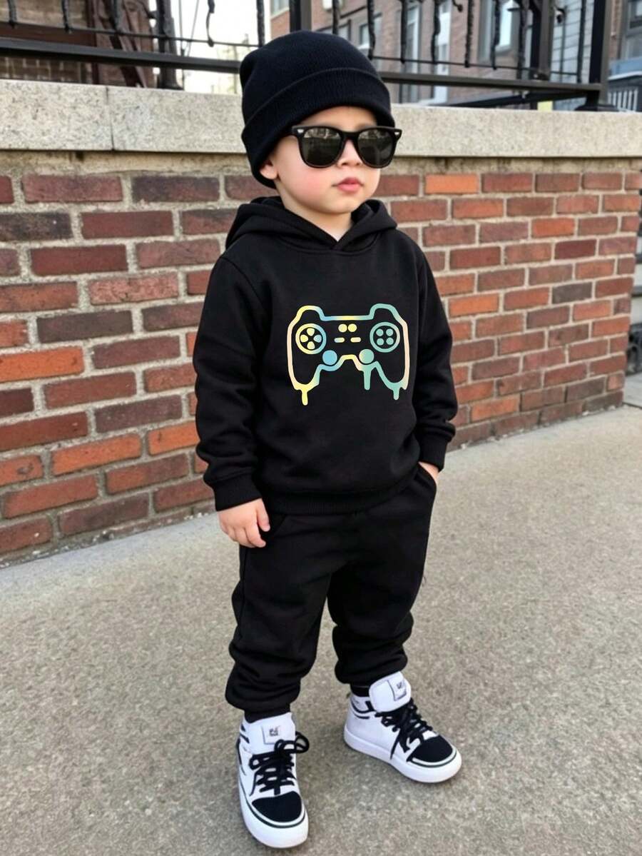2pcs/Set Boys' Video Game Graphic Print Hoodie And Sweatpants Set - Black - View 1
