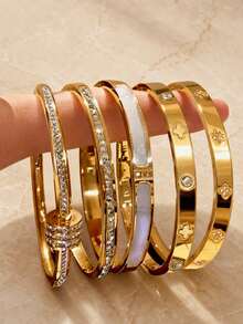 5pcs/Set Personalized Multi-Color Stainless Steel Bracelet Set, Unique Design, Fashionable , Multi-Element Design, Exquisite Ideal Gift, Never Fade Jewelry, Versatile Style, Suitable For Vacation, Holiday, Party Wear - Gold - View 1