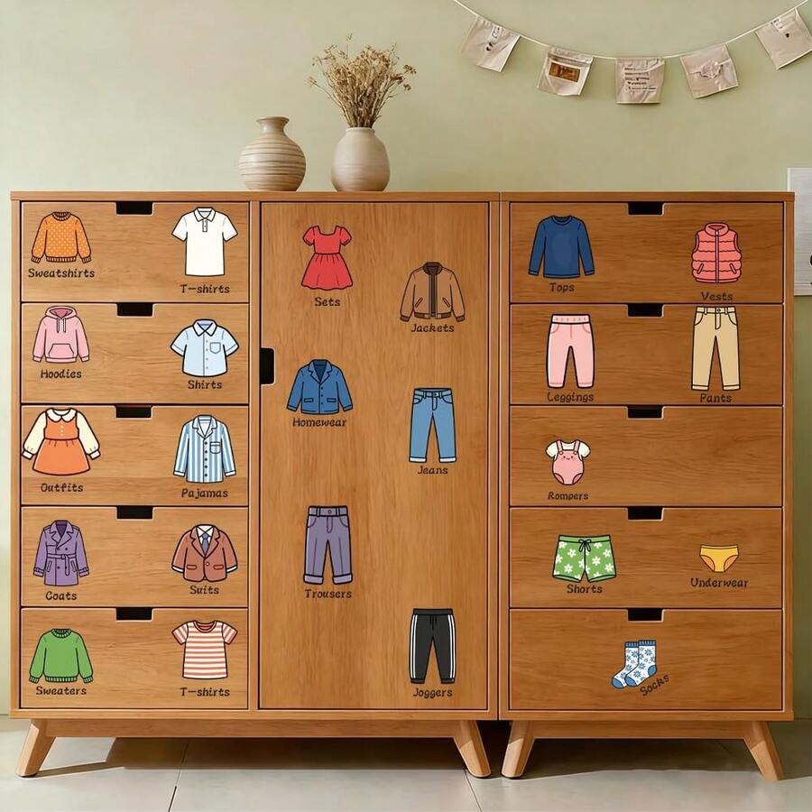 10/5/2/1 Sets Cartoon Clothing Classification Cabinet Decals, Colorful PVC Removable Self‑Adhesive Drawer Stickers For Wardrobe Closet Drawer Home Organization Decor - Clothing Recognition Wall Stickers - View 1