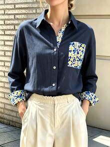 Women's Chic Long Sleeve Button Front Shirt With Floral Pocket, Woven Fabric Regular Fit Shirt Collar Blouse With Floral Trim Cuffs Spring Fall Winter - Navy Blue - View 13