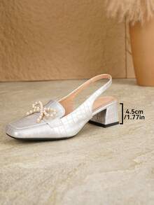 AMROUO 2026 New Vintage Plaid Square Toe Chunky Heel 4.5cm Backless Women's Shoes With Pearl Bow Buckle Design, Lightweight And Comfortable, Fashionable For Commuting, Dating, Party And Multiple Occasions - Silver - View 7