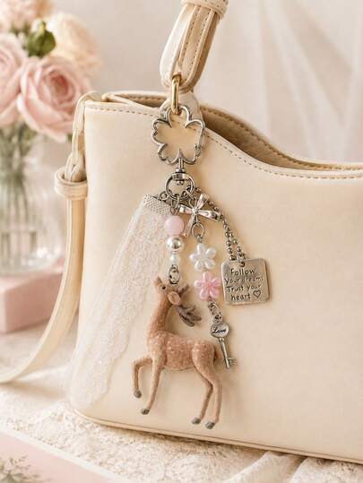 1 pièce Porte-clés vintage mignon en forme de cerf, décoré de perles, de ruban en dentelle, de nœud et de pendentif en forme de cœur, charm de sac romantique, convient pour les sacs à main, les sacs fourre-tout, les sacs à dos, les portefeuilles, les étuis de téléphone, les clés de voiture, les sacs de voyage, la décoration quotidienne et les cadeaux pour femmes