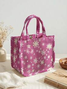 1 buah Tas Tote Corduroy Motif Kartun, Penutup Kancing Jepret, Tas Tangan Lucu, Tas Bekal Makan Siang yang Dapat Digunakan Kembali untuk Siswa, Sekolah, dan Belanja Sehari-hari di Luar Ruangan - Hot Pink - View 2