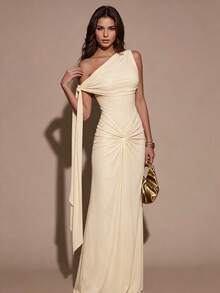 Summer Asymmetrical One Shoulder Dress Ruched Waist Slim Maxi Dress For Vacation & Date - Yellow - View 3