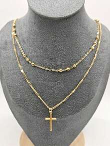 QTHOPE Double Layer Necklace With Cross And Heart Pendant, Suitable For Girls Daily Wear - Yellow Gold - View 7