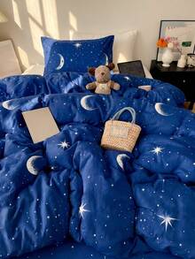 2/3件組藍色月亮與星星圖案印花被套床上用品套裝，雙色柔軟舒適面料，透氣防皺，包含1件被套、1/2件枕套，返校宿舍床上用品套裝 - 藍色 - 查看 4