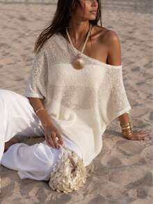 Women's Off Shoulder Top Asymmetric One Sleeve Chenille Knit Sweater Loose Irregular Casual Elegant Pullover - White - View 5