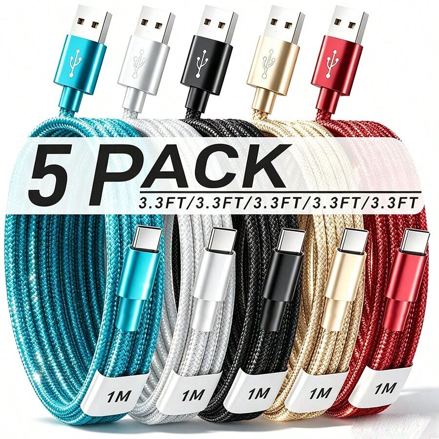 5-Pack 1m Nylon Braided USB-A To Type-C Charging Cable Set, Multi-Color Fast Charging Data Cable, Anti-Tangle Durable Phone Charging Cable, Compatible With Samsung Galaxy, Pixel, Android Type-C Devices, Suitable For Home, Office, Travel
