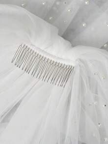 4-Layer Pearl Beaded Bridal Veil, Fluffy 3D Soft Tulle Wedding Veil With Hair Comb, Elegant Short Bridal Accessory - Multicolor - View 7