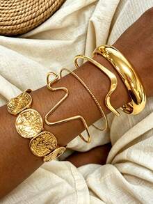 5/1pc Set Vintage Minimalist Casual Style Wavy Round Disc Smooth Gold Bracelet Set, Suitable For Women's Daily Wear, Dating, Party, Vacation, Wedding, Layering, Gift - Gold - View 2