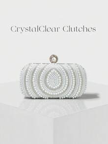 Women's Elegant/Pearl Pattern Design Box Clutch Evening Bag, Romantic Wedding Handbag, Charming/Exquisite Evening Dress Bag, Shiny Apricot Box Clutch Handbag With Chain, Perfect Choice As Holiday Gift. Comes With Metal Chain. - White - View 2
