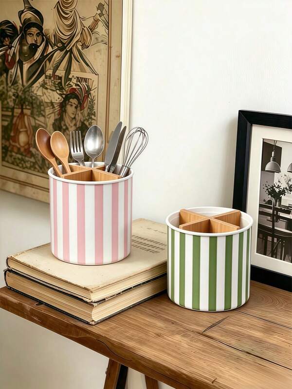 1pc Striped Divided Plastic Storage Container, Utensil Holder, Chopstick Holder, Suitable For Kitchen Storage, Tableware Storage, Home Decor, Back To School Supplies, Holiday Gifts