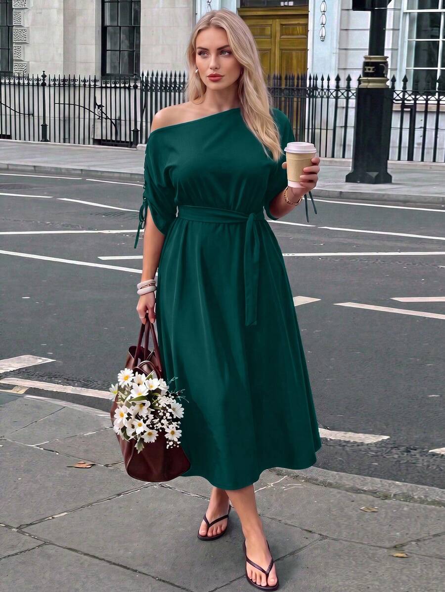 Plus Size Solid Color Asymmetric Collar Waist Casual Dress - Dark Green - View 1