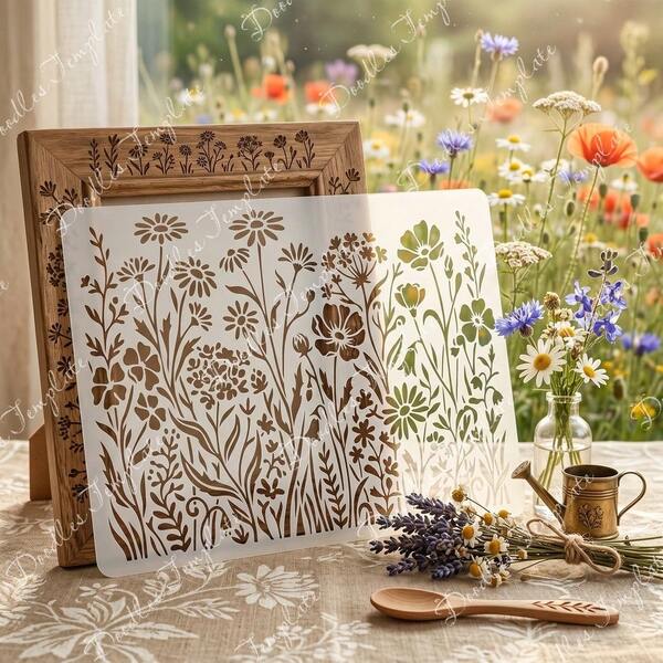 1pc A4 Wildflower Painting Stencil, Meadow Floral Border Reusable Plastic Template, Suitable For DIY Painting Art Wall Decor Canvas, Fabric, Furniture, Home Crafts, Plant Aesthetic Outline Garden Aesthetic Drawing Template