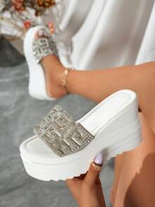 New Rhinestone Thick Sole Wedge Flip Flops, 5.5cm Front Platform, 8.5cm Heel Height Slip-On Sandals, Women's Summer Shiny Comfortable Thick Sole Slippers - White - View 1