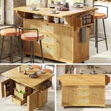 Kitchen Island Natural With Storage Adjustable Foldable Made Of Wood For Kitchen And Dining Area - 自然的 - 查看 2
