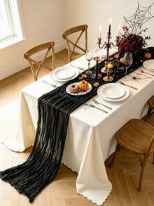 1pc Pleated Halloween Atmosphere Solid Color Table Runner, Suitable For Holiday Party, Family Gathering, Banquet, Window Display, Lightweight Breathable Draping Long Strip Cloth - Black - View 3