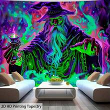 神秘藥水巫師掛毯 霓虹綠魔法液體漩渦印花 宇宙雲朵山脈剪影 牆掛美學背景裝飾 用於居家室內空間 - 迷幻星雲 - 查看 8