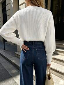Elegant Women's Cream V-Neck Sweater With Lace Trim, Long Sleeve Regular Pullover With Button Accents, Subtle Stretch Fabric For Fall Outfits White - White - View 6