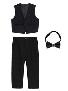 YOKLUN Young Boys 3 Pieces Gentleman Suit Set, Black Sleeveless Vest With Straight Leg Pants And Contrast Color Bow Tie, Lightweight Formal Wear For Wedding Party, Spring And Autumn - Black - View 3