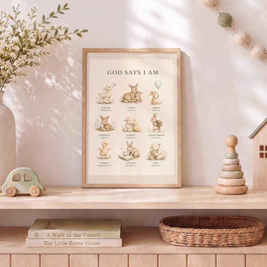1pc God Says I Am Bible Verse Affirmation Canvas Wall Art Christian Poster Woodland Animal Pictures For Kids Room Nursery Unframed/Framed/ Hanging - Multicolor - View 1