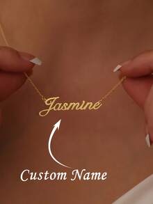 Customized Name Necklace, Stainless Steel Nameplate Necklace, 18K Gold Plated, Silver, Gold, Fashionable Casual Minimalist Unisex Colorful Ideal Gift For Her, Ideal Gift For Lovers, Mothers, Family, Friends, Daughters, Grandparents, Anniversary, Birthday, Daily Wear, Party, Mother's Day, Valentine's Day, Graduation, Wedding, Street Casual Fashion, Halloween, Christmas Gift - Multicolor - View 2