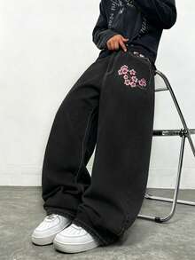 Teenager Plum Blossom Embroidered Washed Loose Straight Leg Jeans Y2K Casual - Black - View 1