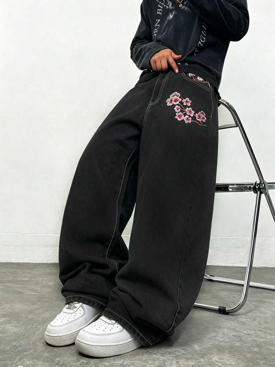 Teenager Plum Blossom Embroidered Washed Loose Straight Leg Jeans Y2K Casual - Black - View 1