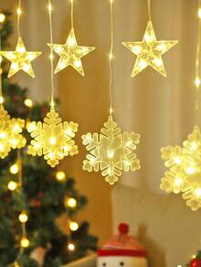 Hanging Star & Snowflake Curtain Lights, Snowflake Shaped LED Window Lights, AA Battery Powered Snowflake Fairy String Lights, Christmas Indoor Wall Backdrop Holiday Celebration Decor Lights, Warm White LED Christmas Star Lights - Transparent-stars+Snowflakes - View 8