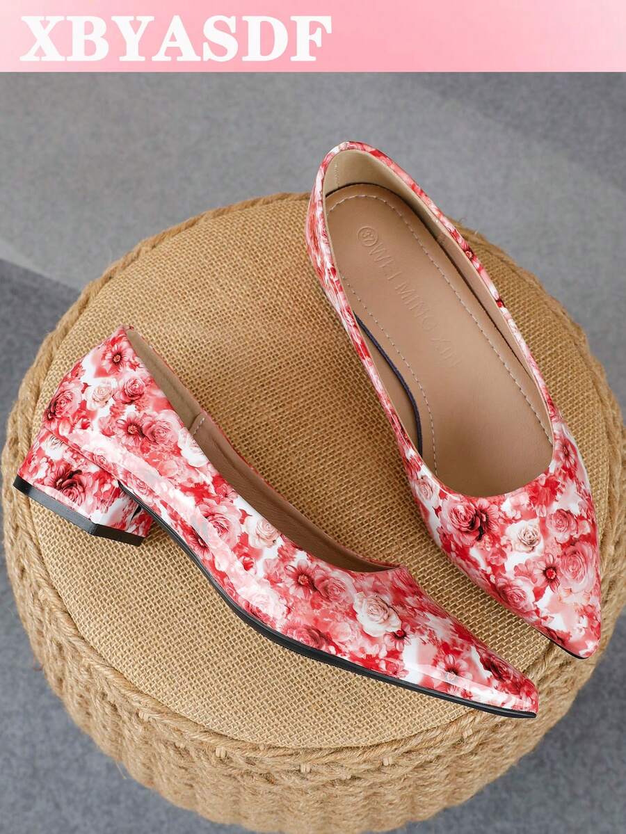XBYASDF 2026 New Women's Red Rose Floral Print Pointed Toe Chunky Heel Pumps, Low Vamp Slip-On 3cm High Heel Shoes For Commute And Date - Red - View 1