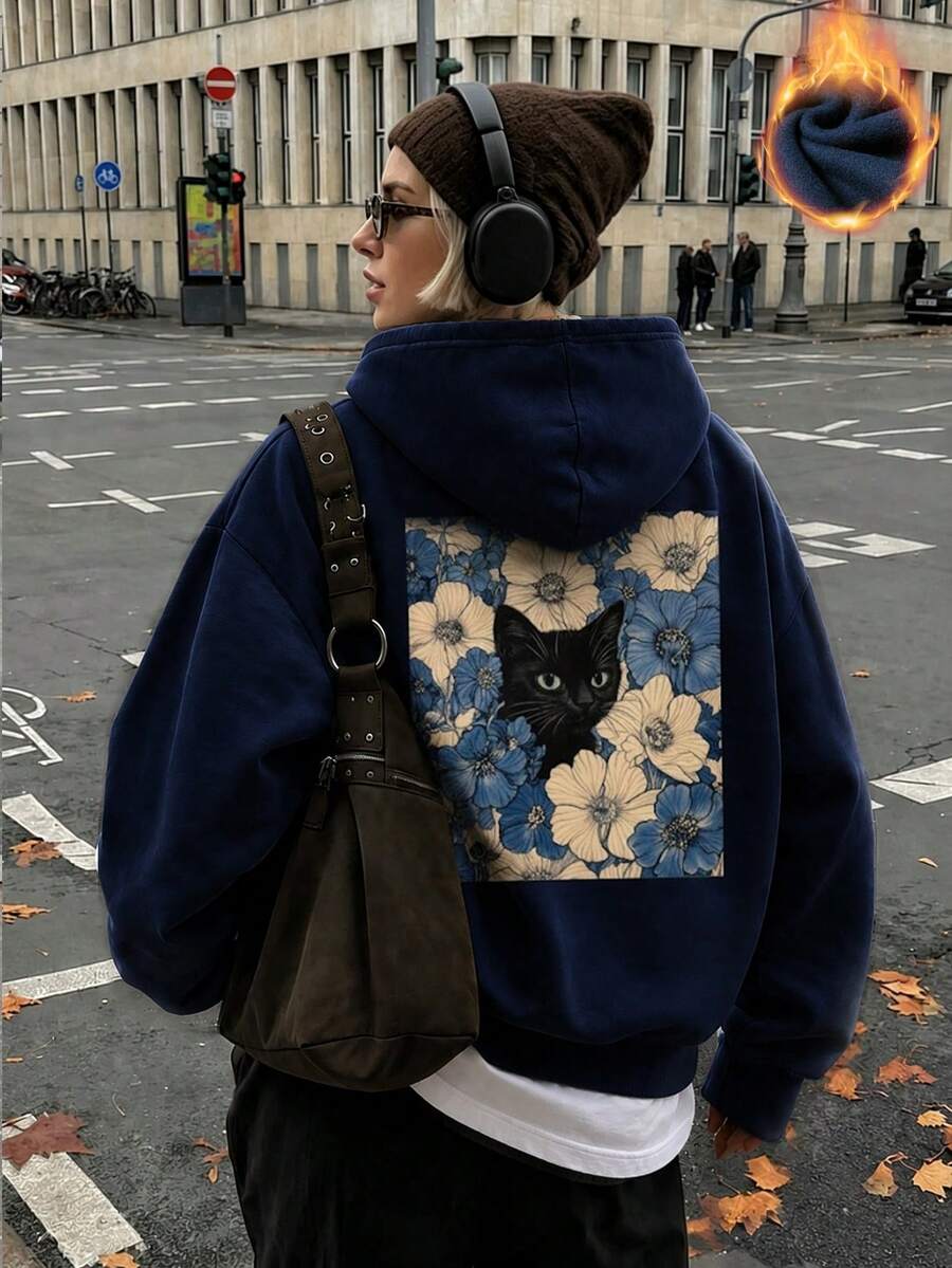 秋冬新款極簡時尚花卉黑貓印花百搭街頭休閒女款連帽保暖內裡海軍藍運動衫 - 藏蓝色 - 查看 1