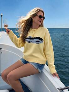 Casual Women's Yellow Fish Print Jacquard Sweater, Long Sleeve Pullover With Regular Length, Slightly Stretchy And Fabric For Everyday Comfort Fall - Yellow - View 8